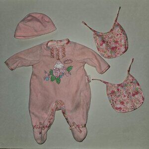 Baby Annabel Doll Replacement Pink Outfit Footie Sleeper Hat 2 Bibs Sheep Roses